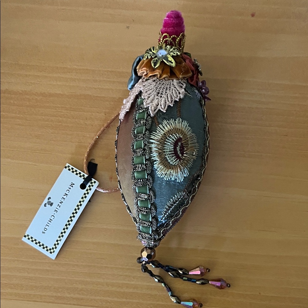 MacKenzie-Childs Festive Green and Gold velvet peacock Ornament